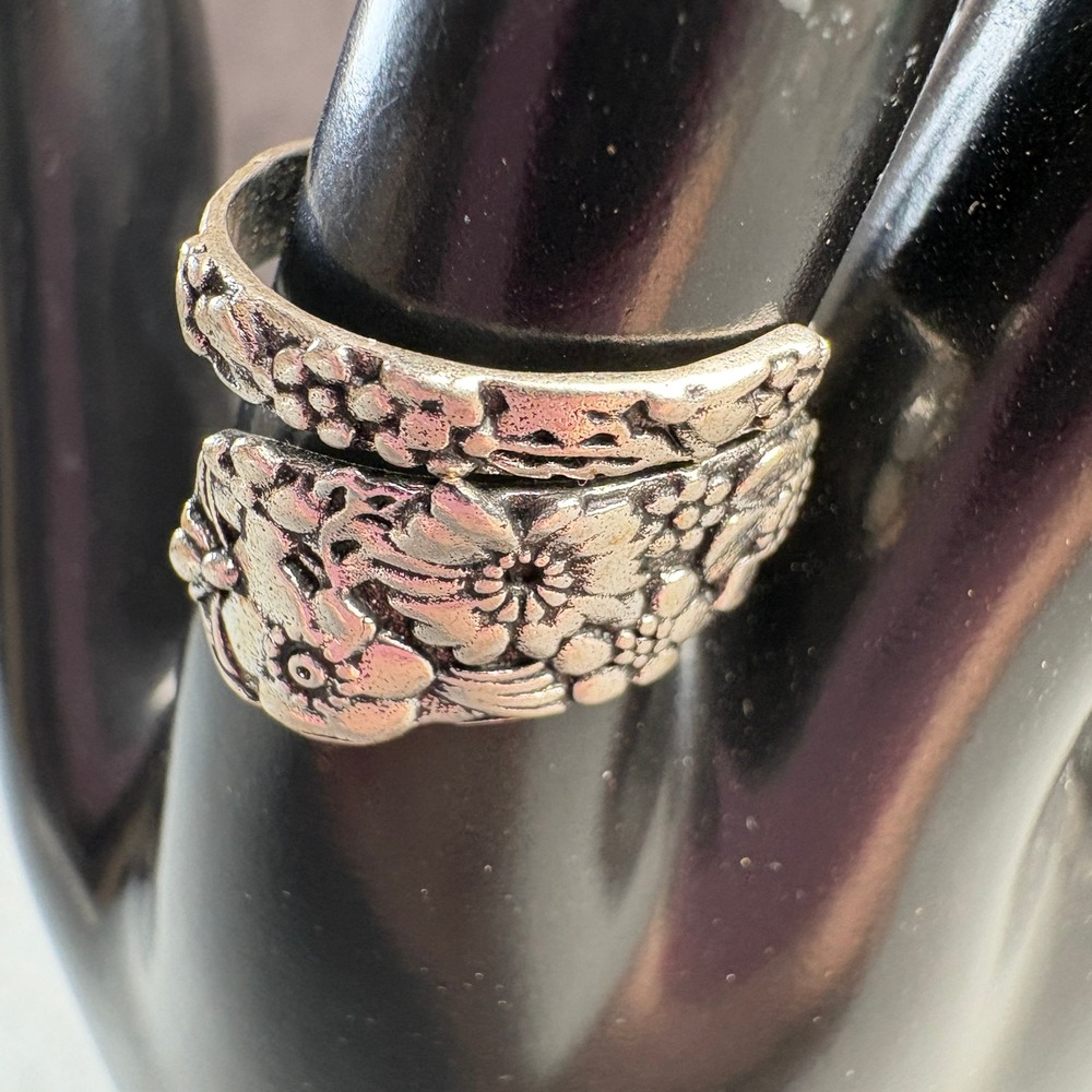 Vintage Style Silver Tone Floral Spoon Ring Bypass Band Size 9.25